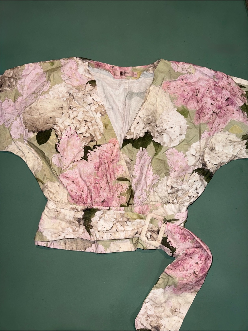 Dolce-Style Linen Blend Floral Pink &‎ Green Wrap Crop Feminine Coquette Blouse